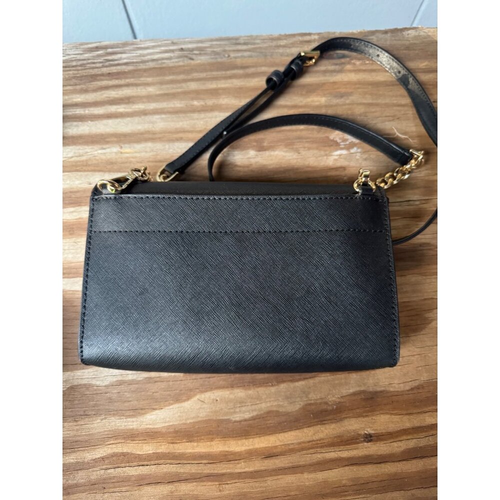 Michael Kors Black Leather Jet Set Travel Clutch Crossbody Bag With Gold Chain S - Picture 7 of 10